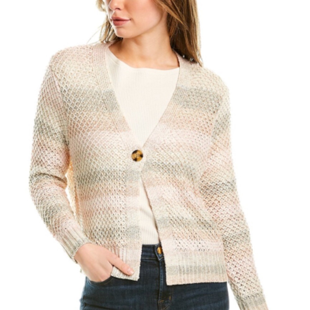 Adyson Parker Women’s Knit Fitted Pink & Green Striped Cardigan One Button